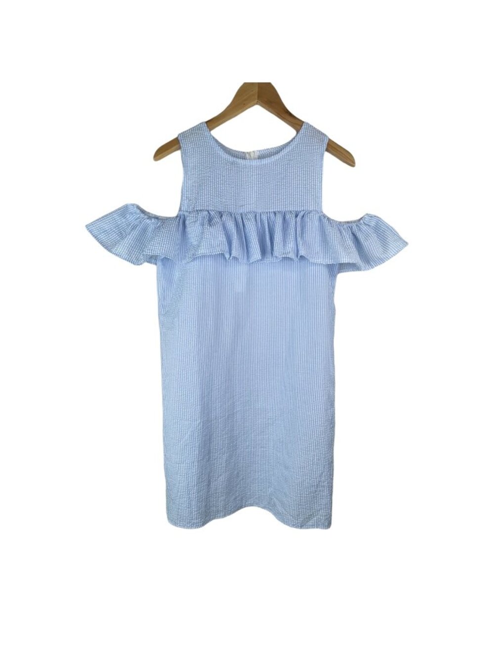 Seersucker Sun Dress Size Small Cold Shoulder Stripe Ruffle Blue White Blend